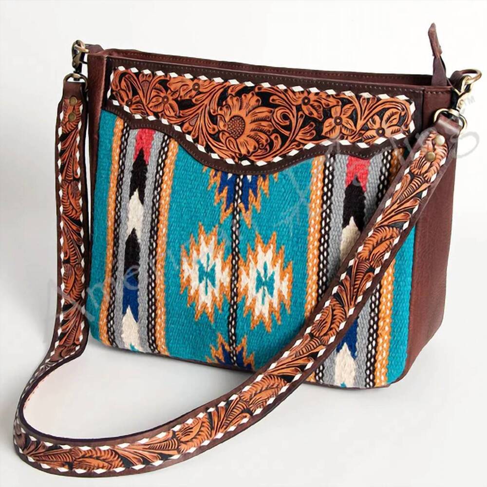 NEW AMERICAN DARLING women's saddle blanket crossbody messenger bag in teal